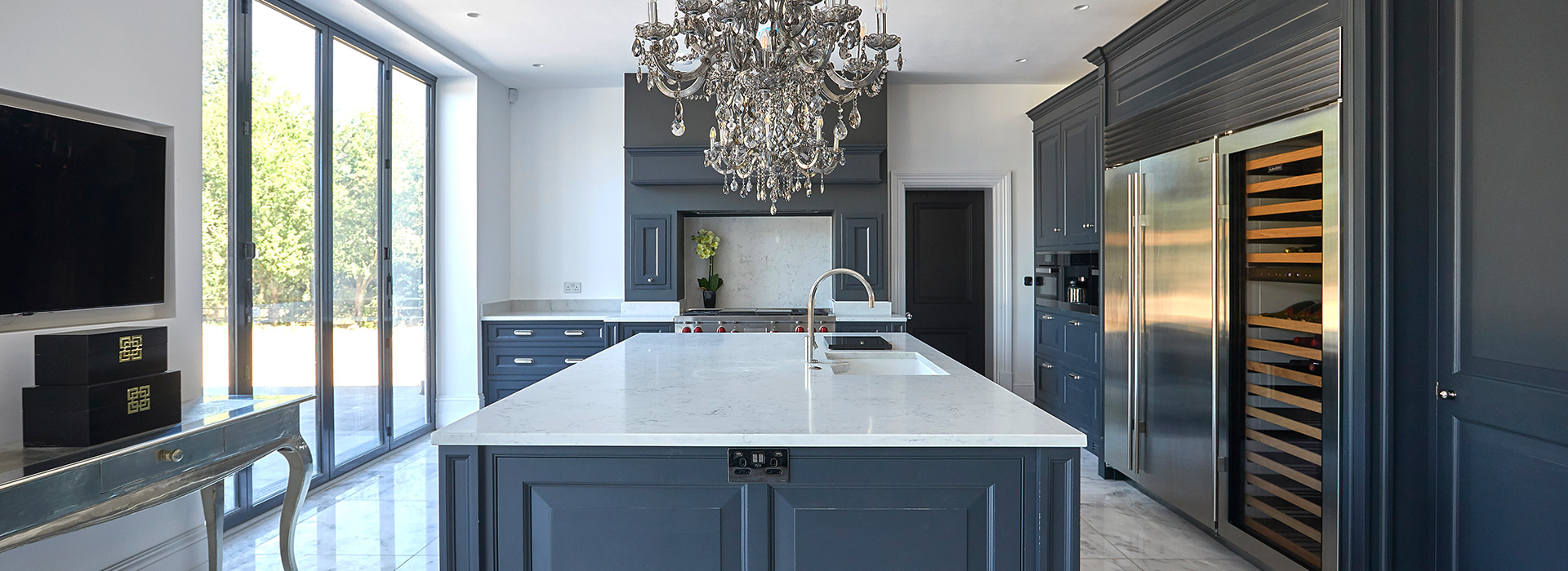 Marble kitchen with chandelier